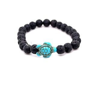 Black Lava Rock Bead Stretch Bracelet with Turquoise Turtle Charm Boho Coastal